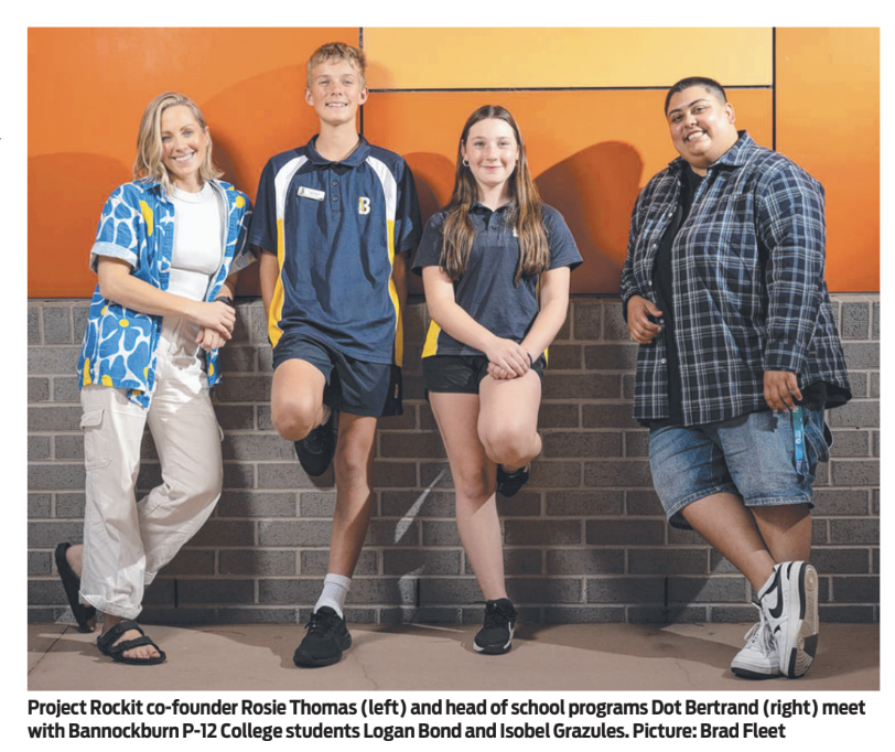 Rosie Thomas (left) and Dot Bertrand (right) with Bannockburn P-12 students